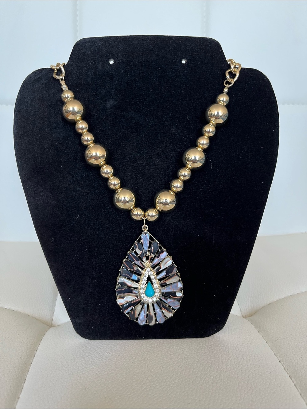 Gold Beaded Statement Necklace with Teardrop Turquoise Pendant - Women Jewelry